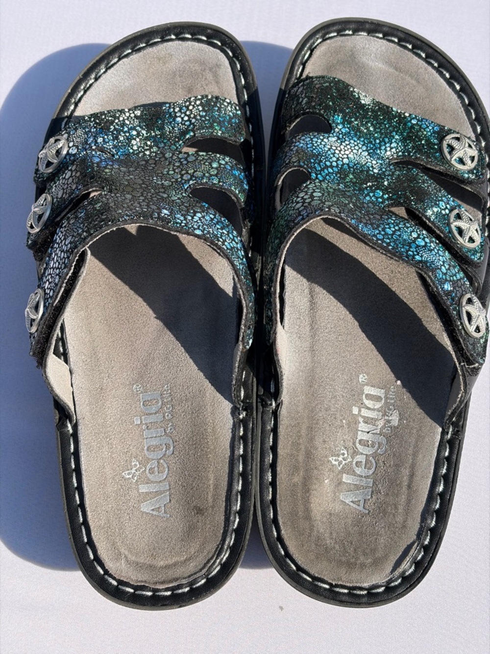 Alegria Iridescent Deep Sea Blue Sparkle Slide Sandals Dinah 38 - Picture 4 of 6